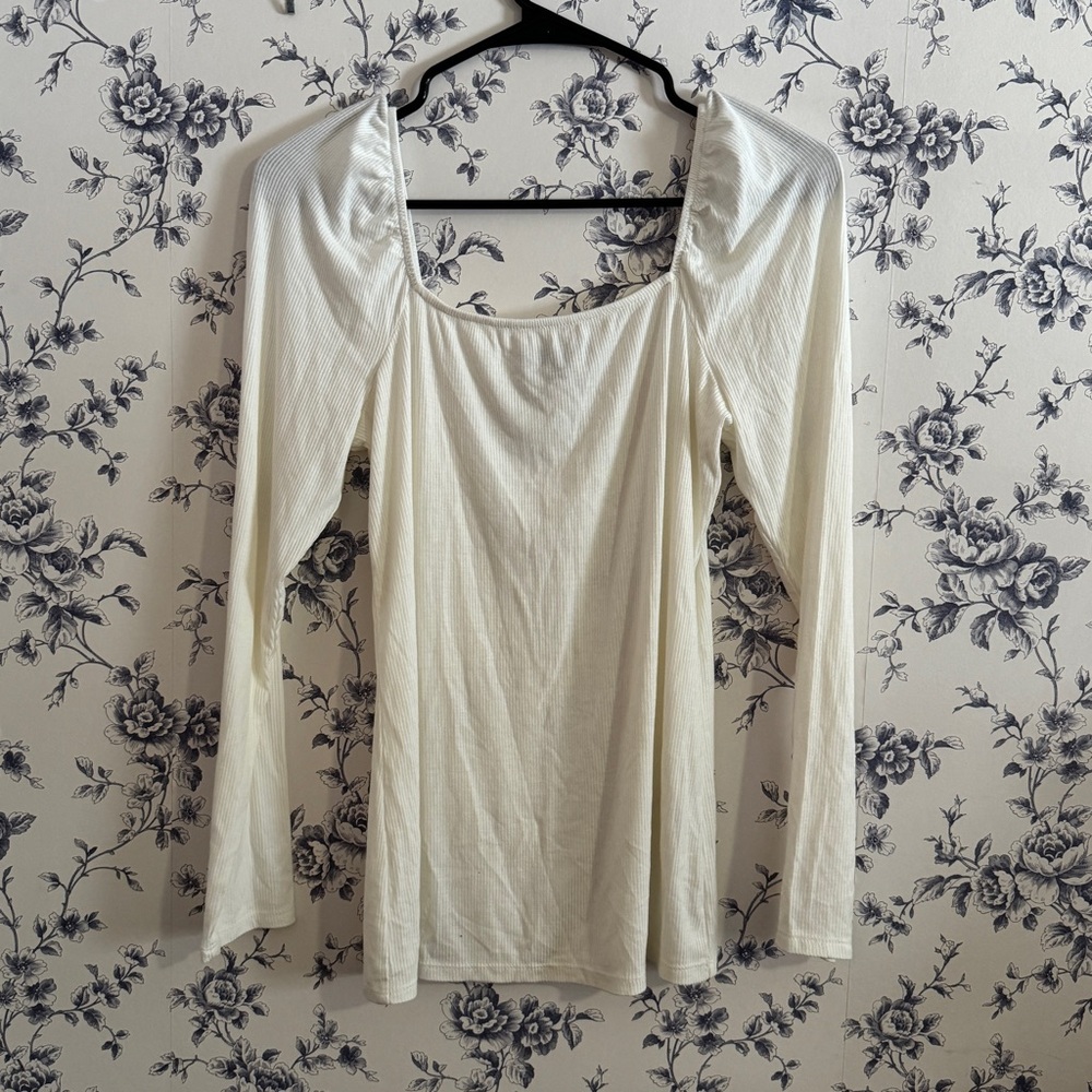 White Square Ribbed Neck Long Sleeve Top